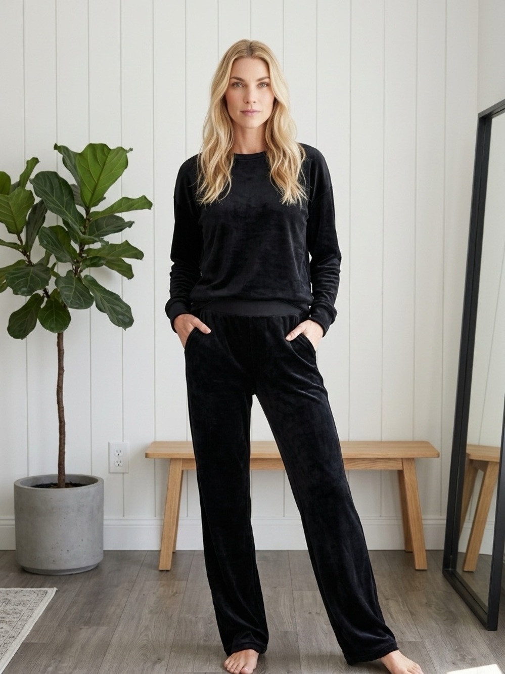 Rafaella Black Velvet Straight-Leg Lounge Pants